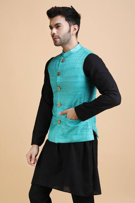 Shop_Dusala_Blue Kota Doria Ashok Solid Woven Waistcoat_Online_at_Aza_Fashions