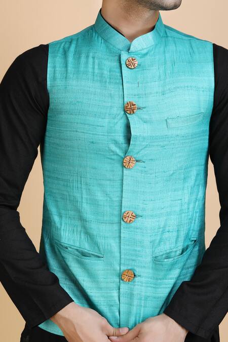 Dusala_Blue Kota Doria Ashok Solid Woven Waistcoat_at_Aza_Fashions