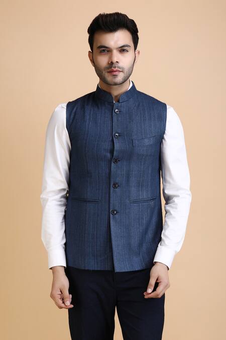 Dusala_Blue Kota Doria Prithvi Woven Solid Waistcoat_Online_at_Aza_Fashions