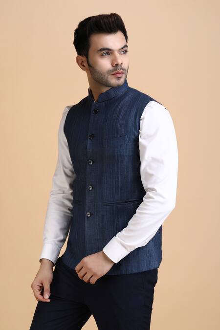 Buy_Dusala_Blue Kota Doria Prithvi Woven Solid Waistcoat_Online_at_Aza_Fashions