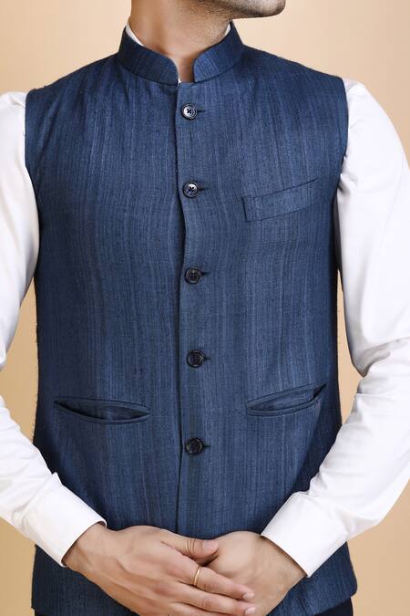 Dusala_Blue Kota Doria Prithvi Woven Solid Waistcoat_at_Aza_Fashions