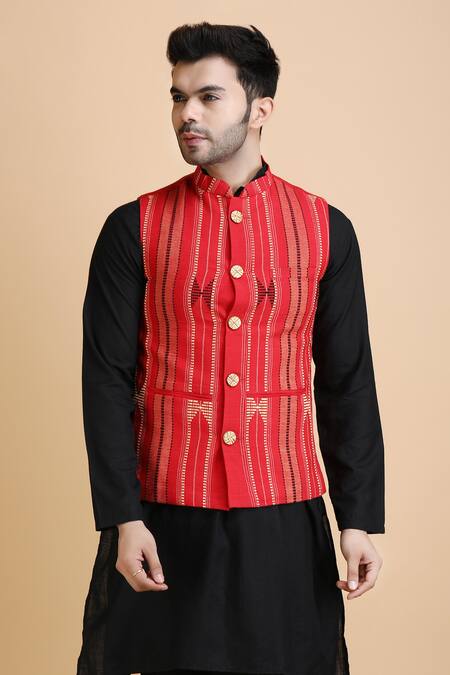 Dusala_Red Cotton Embroidery Dhruv Tribal Pattern Waistcoat_Online_at_Aza_Fashions