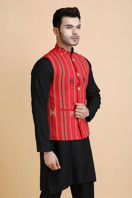 Buy_Dusala_Red Cotton Embroidery Dhruv Tribal Pattern Waistcoat_Online_at_Aza_Fashions