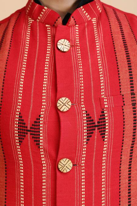 Dusala_Red Cotton Embroidery Dhruv Tribal Pattern Waistcoat_at_Aza_Fashions