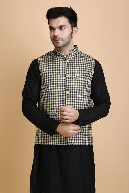 Dusala_Black Silk And White Checkered Ghicha Waistcoat_Online_at_Aza_Fashions