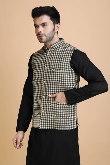 Buy_Dusala_Black Silk And White Checkered Ghicha Waistcoat_Online_at_Aza_Fashions
