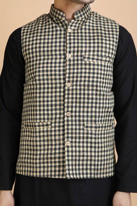 Dusala_Black Silk And White Checkered Ghicha Waistcoat_at_Aza_Fashions
