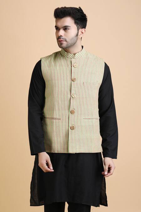 Dusala_Red Cotton Embroidery Dhir Woven Striped Waistcoat_Online_at_Aza_Fashions