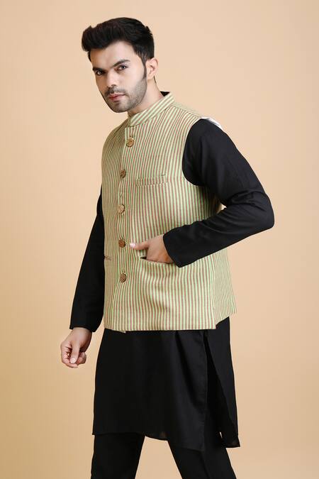 Buy_Dusala_Red Cotton Embroidery Dhir Woven Striped Waistcoat_Online_at_Aza_Fashions