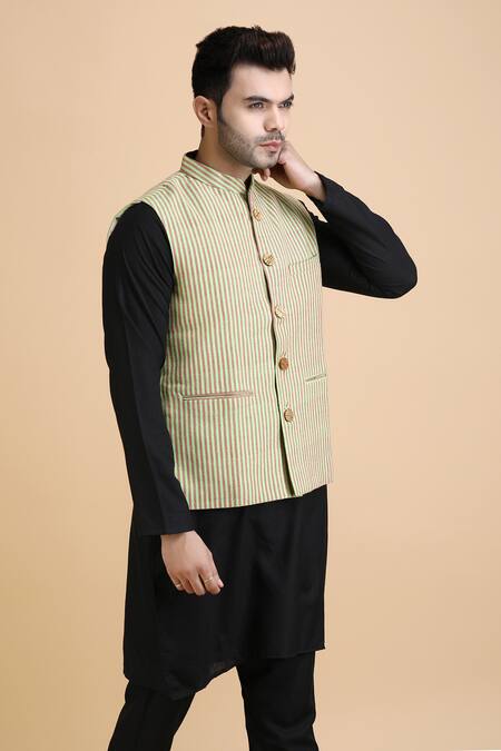 Shop_Dusala_Red Cotton Embroidery Dhir Woven Striped Waistcoat_Online_at_Aza_Fashions