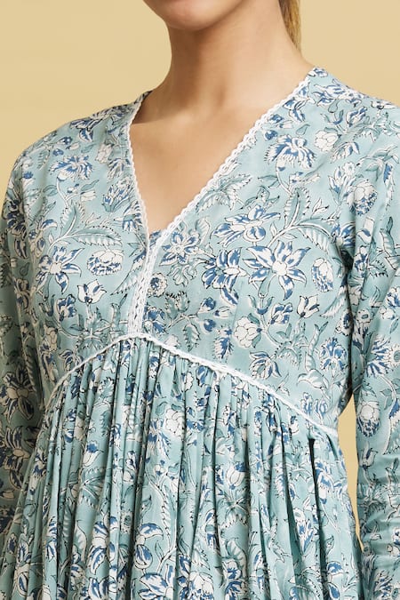 Shop Naintara Bajaj Blue Cotton, Kota Doria Lace V-neck Handblock Floral Anarkali Pant Set Online at Aza Fashions Shop_Naintara Bajaj_Blue Cotton, Kota Doria Lace V-neck Handblock Floral Anarkali Pant Set _Online_at_Aza_Fashions