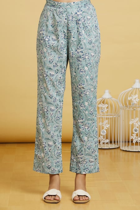 Naintara Bajaj Blue Cotton, Kota Doria Lace V-neck Handblock Floral Anarkali Pant Set at Aza Fashions Naintara Bajaj_Blue Cotton, Kota Doria Lace V-neck Handblock Floral Anarkali Pant Set _at_Aza_Fashions