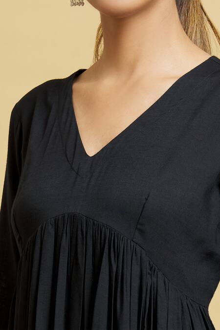 Shop_Samyukta Singhania_Black Rayon, Modal, Silk Embroidery Solid Anarkali Set With Ajrak Print Dupatta_Online_at_Aza_Fashions