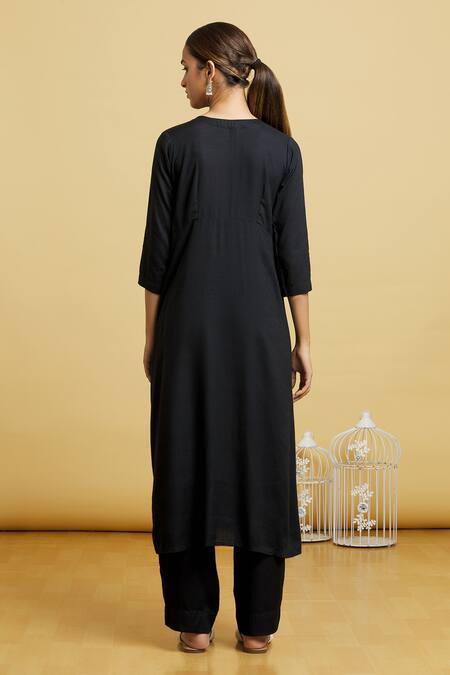 Shop_Samyukta Singhania_Black Rayon, Modal, Silk Embroidery Solid Anarkali Set With Ajrak Print Dupatta_at_Aza_Fashions