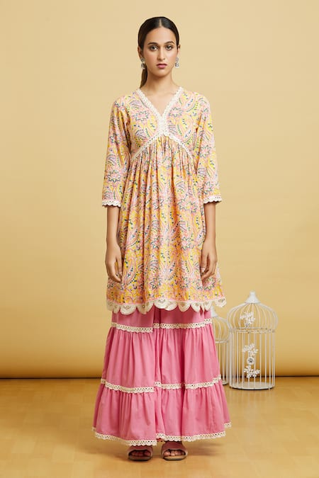 Naintara Bajaj Yellow Cotton, Kota Doria Mirrors Handblock Floral Jaal Anarkali Gharara Set Online at Aza Fashions Naintara Bajaj_Yellow Cotton, Kota Doria Mirrors Handblock Floral Jaal Anarkali Gharara Set _Online_at_Aza_Fashions