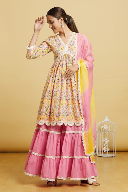 Buy Naintara Bajaj Yellow Cotton, Kota Doria Mirrors Handblock Floral Jaal Anarkali Gharara Set Online at Aza Fashions Buy_Naintara Bajaj_Yellow Cotton, Kota Doria Mirrors Handblock Floral Jaal Anarkali Gharara Set _Online_at_Aza_Fashions