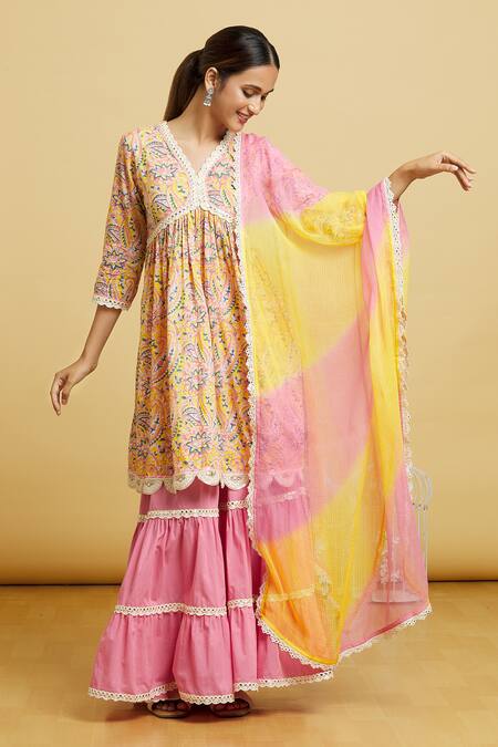 Shop Naintara Bajaj Yellow Cotton, Kota Doria Mirrors Handblock Floral Jaal Anarkali Gharara Set Online at Aza Fashions Shop_Naintara Bajaj_Yellow Cotton, Kota Doria Mirrors Handblock Floral Jaal Anarkali Gharara Set _Online_at_Aza_Fashions