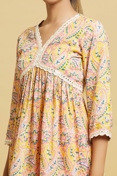 Naintara Bajaj Yellow Cotton, Kota Doria Mirrors Handblock Floral Jaal Anarkali Gharara Set at Aza Fashions Naintara Bajaj_Yellow Cotton, Kota Doria Mirrors Handblock Floral Jaal Anarkali Gharara Set _at_Aza_Fashions