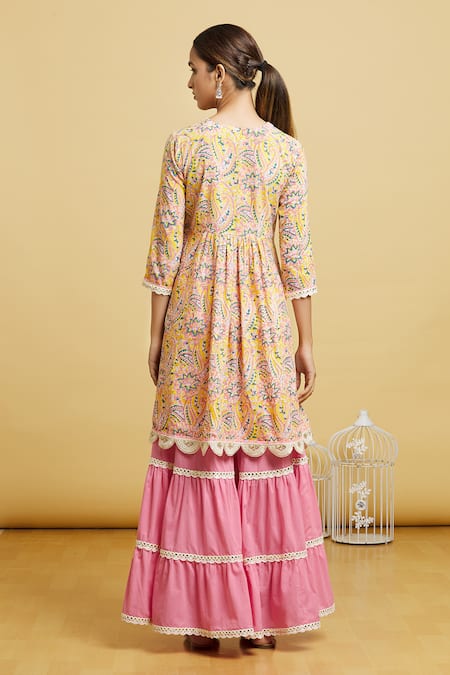 Shop Naintara Bajaj Yellow Cotton, Kota Doria Mirrors Handblock Floral Jaal Anarkali Gharara Set at Aza Fashions Shop_Naintara Bajaj_Yellow Cotton, Kota Doria Mirrors Handblock Floral Jaal Anarkali Gharara Set _at_Aza_Fashions