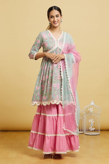Shop_Naintara Bajaj_Green Cotton, Kota Doria Mirrors V-neck Floral Garden Print Anarkali Gharara Set _Online_at_Aza_Fashions
