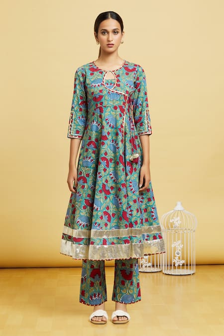 Naintara Bajaj Blue Cotton, Kota Doria Lace, Botanic Print Angrakha Anarkali Pant Set Online at Aza Fashions Naintara Bajaj_Blue Cotton, Kota Doria Lace, Botanic Print Angrakha Anarkali Pant Set _Online_at_Aza_Fashions