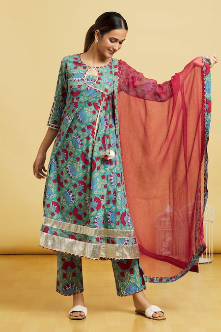 Buy Naintara Bajaj Blue Cotton, Kota Doria Lace, Botanic Print Angrakha Anarkali Pant Set Online at Aza Fashions Buy_Naintara Bajaj_Blue Cotton, Kota Doria Lace, Botanic Print Angrakha Anarkali Pant Set _Online_at_Aza_Fashions