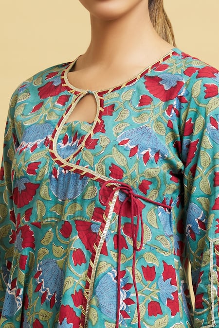 Shop Naintara Bajaj Blue Cotton, Kota Doria Lace, Botanic Print Angrakha Anarkali Pant Set Online at Aza Fashions Shop_Naintara Bajaj_Blue Cotton, Kota Doria Lace, Botanic Print Angrakha Anarkali Pant Set _Online_at_Aza_Fashions