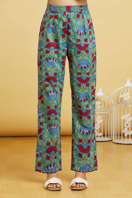 Naintara Bajaj Blue Cotton, Kota Doria Lace, Botanic Print Angrakha Anarkali Pant Set at Aza Fashions Naintara Bajaj_Blue Cotton, Kota Doria Lace, Botanic Print Angrakha Anarkali Pant Set _at_Aza_Fashions