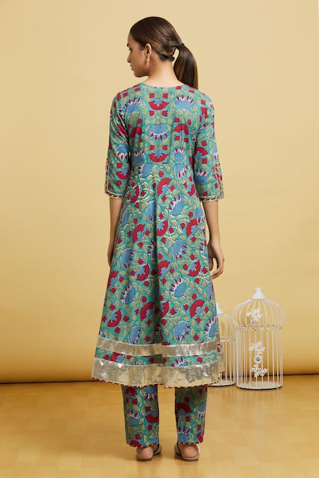 Shop Naintara Bajaj Blue Cotton, Kota Doria Lace, Botanic Print Angrakha Anarkali Pant Set at Aza Fashions Shop_Naintara Bajaj_Blue Cotton, Kota Doria Lace, Botanic Print Angrakha Anarkali Pant Set _at_Aza_Fashions