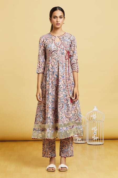 Samyukta Singhania_Beige Cotton, Kota Doria Embroidery, Blossom Print Angrakha Anarkali Pant Set _Online_at_Aza_Fashions