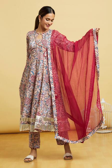 Buy_Samyukta Singhania_Beige Cotton, Kota Doria Embroidery, Blossom Print Angrakha Anarkali Pant Set _Online_at_Aza_Fashions