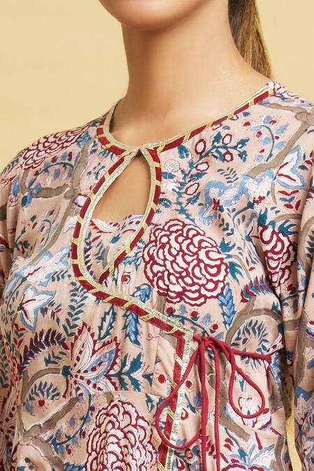 Shop_Samyukta Singhania_Beige Cotton, Kota Doria Embroidery, Blossom Print Angrakha Anarkali Pant Set _Online_at_Aza_Fashions