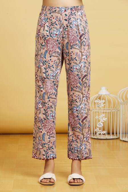 Samyukta Singhania_Beige Cotton, Kota Doria Embroidery, Blossom Print Angrakha Anarkali Pant Set _at_Aza_Fashions