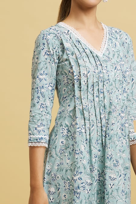 Shop_Naintara Bajaj_Blue Cotton, Kota Doria Lace, Embroidery Handblock Floral Print Kurta Pant Set _Online_at_Aza_Fashions