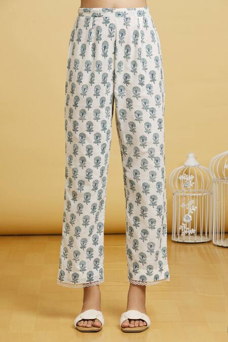 Naintara Bajaj_Blue Cotton, Kota Doria Lace, Embroidery Handblock Floral Print Kurta Pant Set _at_Aza_Fashions