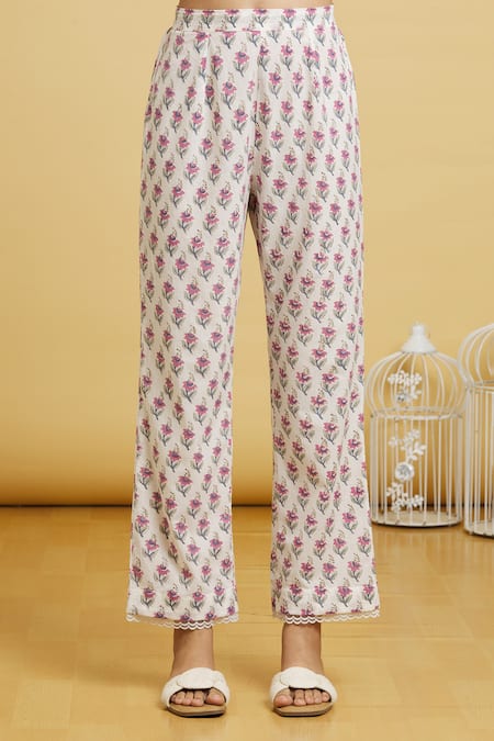 Naintara Bajaj_Pink Cotton, Kota Doria Lace, Embroidery Round Floral Vine Print Kurta Pant Set _at_Aza_Fashions