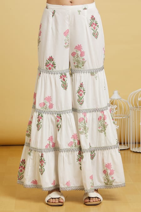 Shop_Naintara Bajaj_Orange Cotton, Kota Doria Patti V-neck Lined Kurta Gharara Set _Online_at_Aza_Fashions