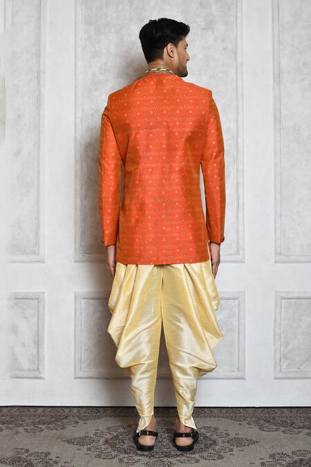 Shop_Aryavir Malhotra_Orange Sherwani Raw Silk Geometric Butti Pattern With Draped Pant_at_Aza_Fashions