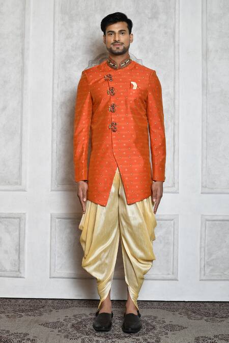Shop_Aryavir Malhotra_Orange Sherwani Raw Silk Geometric Butti Pattern With Draped Pant_Online_at_Aza_Fashions