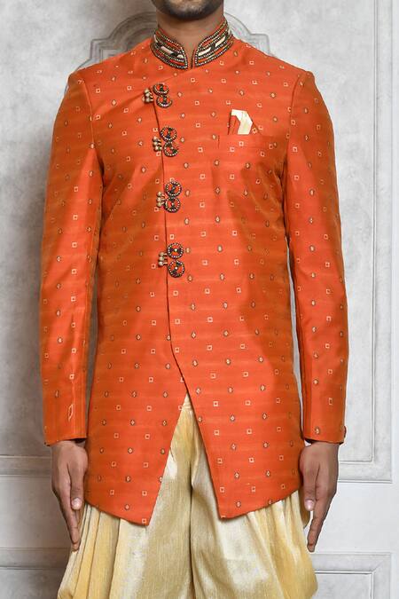 Aryavir Malhotra_Orange Sherwani Raw Silk Geometric Butti Pattern With Draped Pant_at_Aza_Fashions