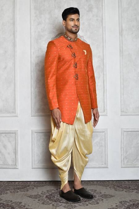 Buy_Aryavir Malhotra_Orange Sherwani Raw Silk Geometric Butti Pattern With Draped Pant