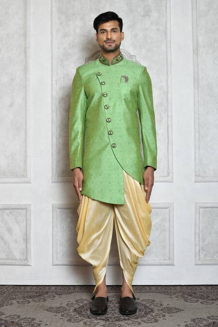 Shop_Aryavir Malhotra_Green Draped Pant , Sherwani Raw Geometric Pattern Asymmetric With_Online_at_Aza_Fashions