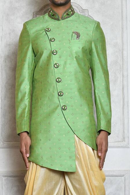 Aryavir Malhotra_Green Draped Pant , Sherwani Raw Geometric Pattern Asymmetric With_at_Aza_Fashions