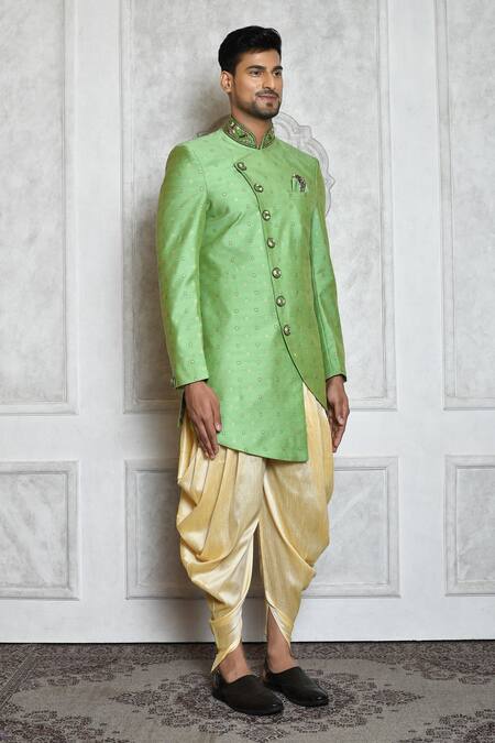 Buy_Aryavir Malhotra_Green Draped Pant , Sherwani Raw Geometric Pattern Asymmetric With