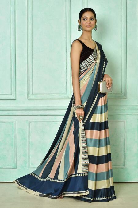 Buy_Samyukta Singhania_Multi Color Crepe Stripe Print Saree With Running Blouse_Online_at_Aza_Fashions