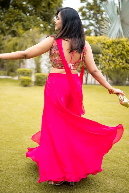 Shop Two Sisters By Gyans Pink Crepe, Chiffon Embroidery, Sequins V-neck Dori And Blouse Palazzo Set at Aza Fashions Shop_Two Sisters By Gyans_Pink Crepe, Chiffon Embroidery, Sequins V-neck Dori And Blouse Palazzo Set _at_Aza_Fashions