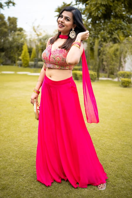 Buy Two Sisters By Gyans Pink Crepe, Chiffon Embroidery, Sequins V-neck Dori And Blouse Palazzo Set Online at Aza Fashions Buy_Two Sisters By Gyans_Pink Crepe, Chiffon Embroidery, Sequins V-neck Dori And Blouse Palazzo Set _Online_at_Aza_Fashions