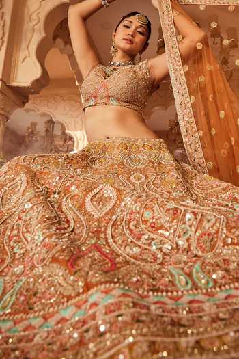 Shop_Kalighata_Orange Silk Embroidery, Sequins Sweetheart Neck Meghna Dabka Bridal Lehenga Set _Online_at_Aza_Fashions