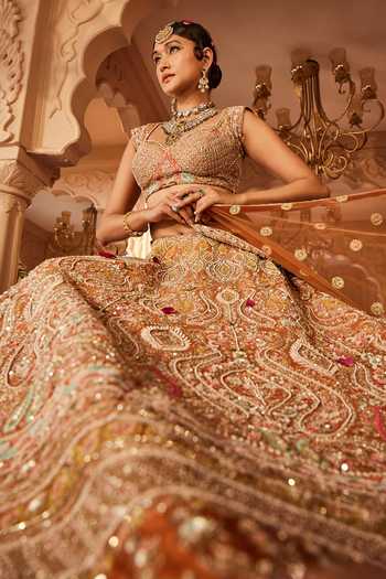 Kalighata_Orange Silk Embroidery, Sequins Sweetheart Neck Meghna Dabka Bridal Lehenga Set _at_Aza_Fashions
