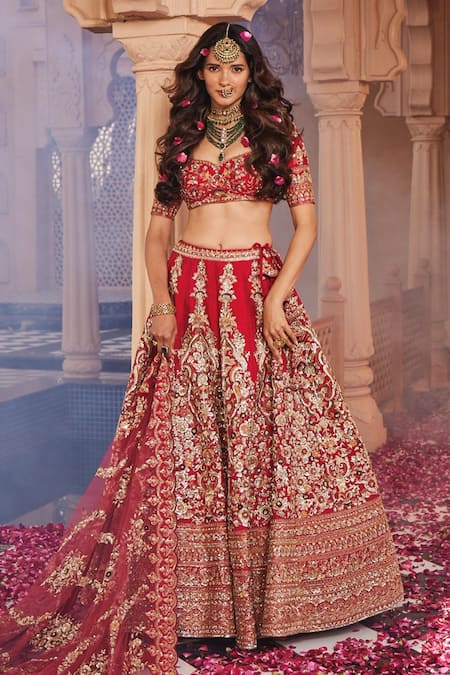 Kalighata_Red Silk, Net Zari, Embroidery Sweetheart Shah Jahan Zardozi Bridal Lehenga Set _Online_at_Aza_Fashions